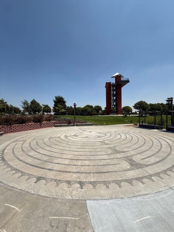 IMG 5554 Yanney Park Labyrinth Maze with Gottschalk Tower in the Background 600 x 800 80q 75kb rotated