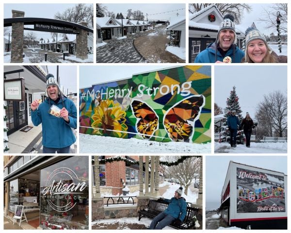 A nine photo collage showing snowy, festively decorated shops, two colorful murals reading McHenry, and a couple enjoying winter walks holding hands and cookie treats.
