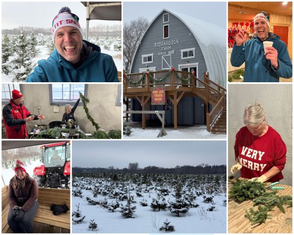 A seven photo collage of a snowy Christmas tree farm, including a grey barn with large lettering saying ‘Richardson Farm since 1840.’ Photos also include staff members constructing pine garland and wreaths and a smiling man with a hot chocolate and donut and a couple smiling on a snowy wagon ride.