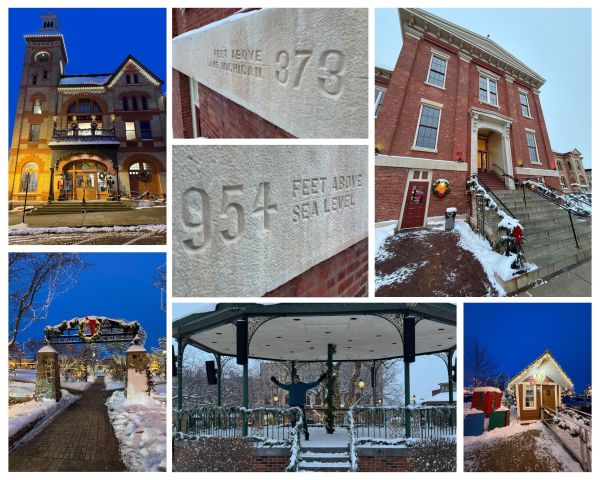 A seven photo collage showing a beautiful historic looking building, which is the Woodstock Opera House; a set of three photos showing another beautiful historic building with markers engraved in the side stating 954 feet above sea level and 373 feet above Lake Michigan, a photo of a small green decorated cottage that is Santa’s workshop, and two photos show a festive town square with a gazebo in the center decorated in white lights and pine garland.
