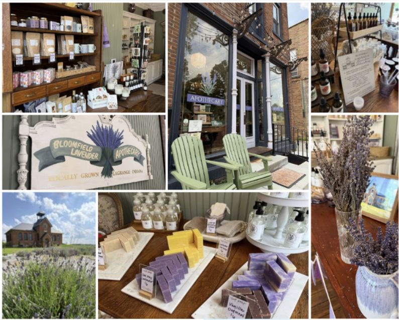 Photo collage of Bloomfield Lavender Apothecary in downtown LaGrange, Indiana, featuring the historic storefront, shelves of handcrafted lavender products, soaps, dried lavender bouquets, and the nearby restored Bloomfield Lavender historic schoolhouse.