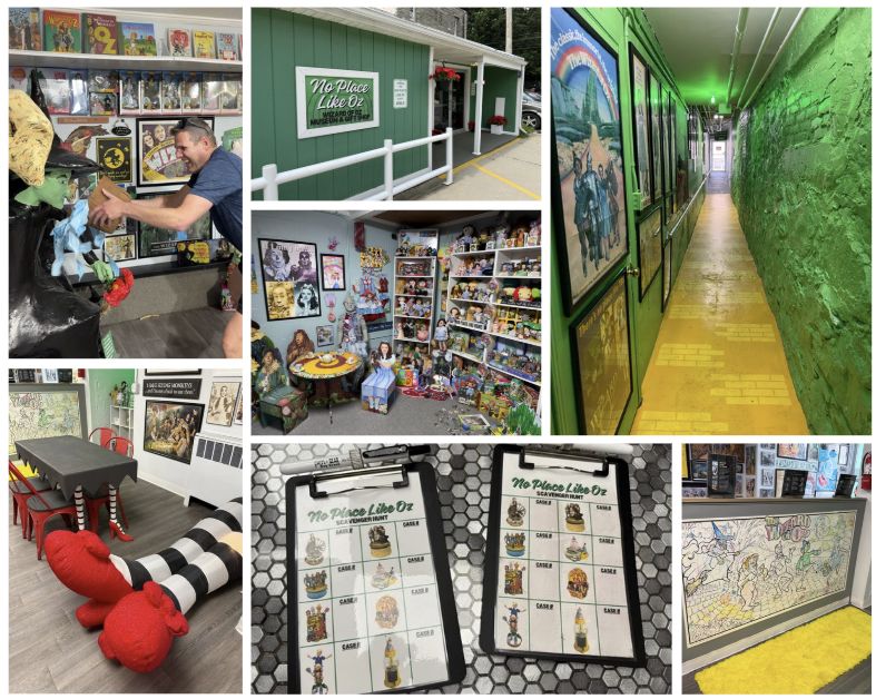 Photo collage of No Place Like Oz Museum in LaGrange, Indiana, featuring the museum entrance, Wizard of Oz memorabilia, a yellow brick road hallway, interactive scavenger hunt cards, themed displays, and visitors enjoying the colorful exhibits inspired by The Wizard of Oz.