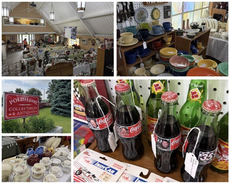 Photo collage of Polish Girl Collectibles & Antiques in LaGrange, Indiana, showing the spacious antique mall, colorful vintage Fiesta dinnerware, teacups and china, Coca-Cola memorabilia, collectible glass bottles, and a variety of nostalgic antiques and vintage treasures.