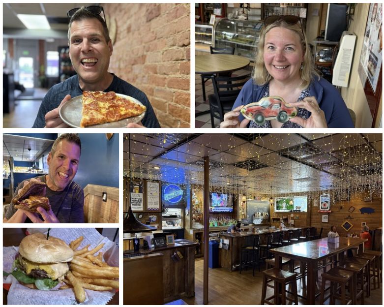 Photo collage of dining options in LaGrange, Indiana, featuring pizza from Legendary Slice, a decorated sugar cookie from Foltz Bakery, and smoked meats, burgers, fries, and sides from Linder's Tavern on Main.