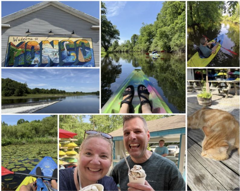 A collage of photos including a colorful mural that reads welcome to Mongo, several peaceful scenes from a kayak river float including a unique v-shaped dam, us eating ice cream, and a sleeping orange cat.