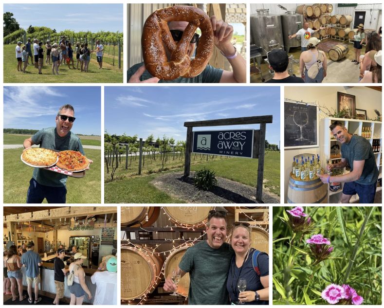 A collage of photos around a winery including people on a tour in the vineyard, in the winery production area, people standing at the winery bar, and Jeff holding a pretzel that completely obscures his face, and, Jeff pointing at River Wine bottles-their collaboration with Trading Post Outfitters.