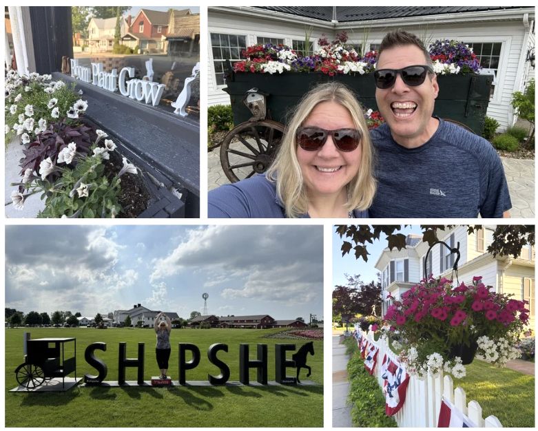Ultimate Things to Do in Shipshewana Guide 1 Collage of scenes around Shipshewana, Indiana, featuring colorful flower displays, the iconic Shipshe sign with Angie as the I, and Angie & Jeff enjoying the town's welcoming atmosphere.
