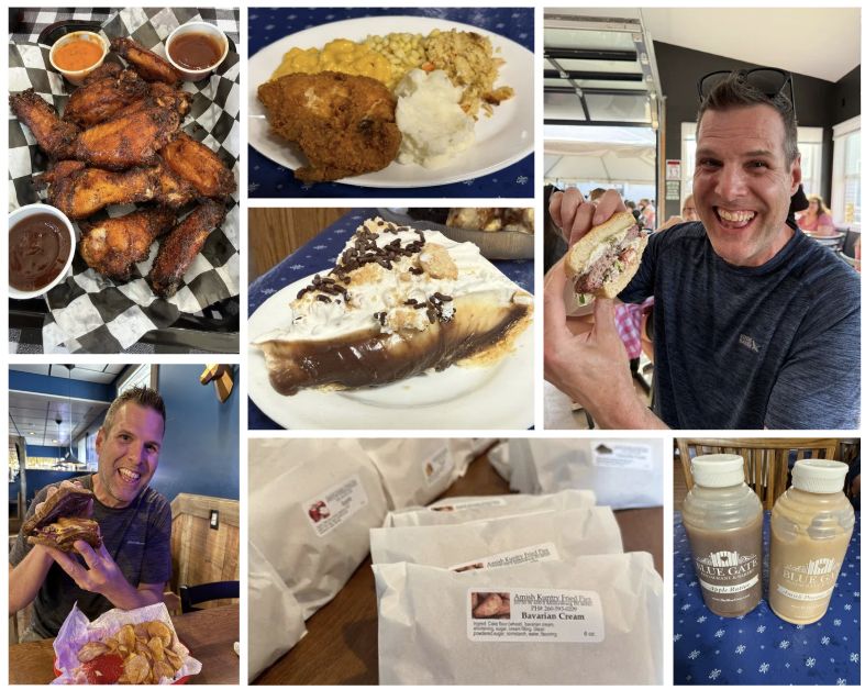Ultimate Things to Do in Shipshewana Guide 10 A 7 photo collage of Shipshewana, Indiana food including smoked wings, a plate of home cooked food including fried chicken, a piece of chocolate cream pie, two photos of Jeff holding delicious looking sandwiches at 2 different places, a shelf full of Amish Kuntry Fried Pies, and bottles of the iconic Amish peanut butter.