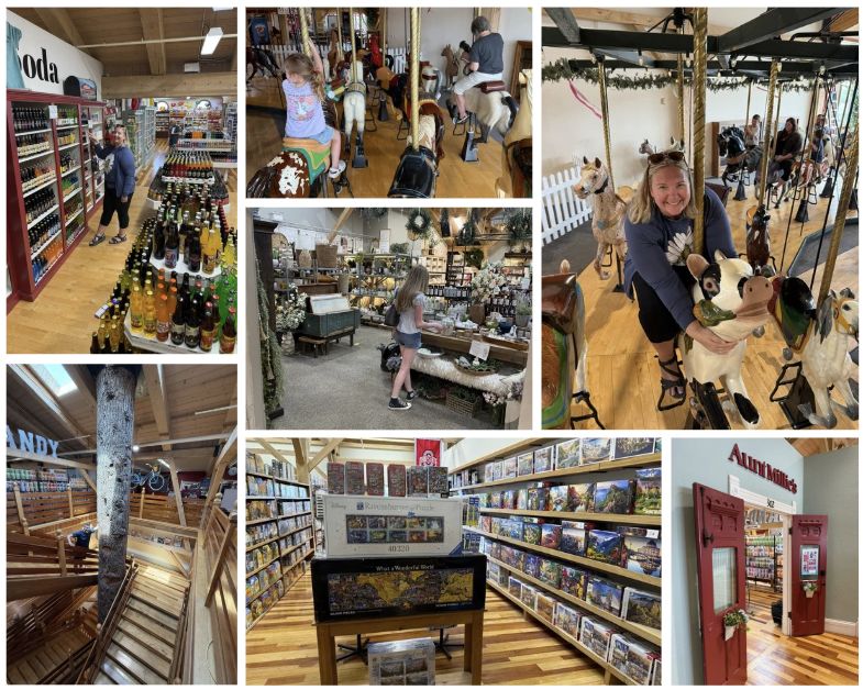 Ultimate Things to Do in Shipshewana Guide 11 Eight-photo collage of Davis Mercantile in downtown Shipshewana. Images show specialty food shelves, the hand-carved carousel with children and Angie riding, gift shops, the four-story tree inside the building, a large puzzle store, and themed storefronts throughout the mercantile.