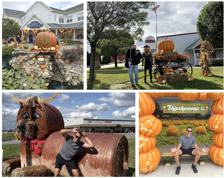 Ultimate Things to Do in Shipshewana Guide 12 A four photo collar of fall decorations around Shipshewana, Indiana including one of a Willy Nelson and Dolly Parton scarecrows, Jeff mimicking a bull made of hay balls, and Jeff smiling under a pumpkin arch.