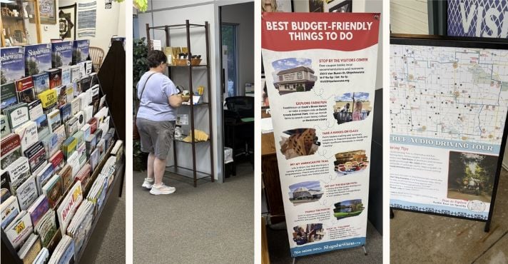 Ultimate Things to Do in Shipshewana Guide 2 Collage of the Shipshewana Visitor Center with travel guides, maps, and information about local attractions, Amish cottage industries, and self-guided driving tours.