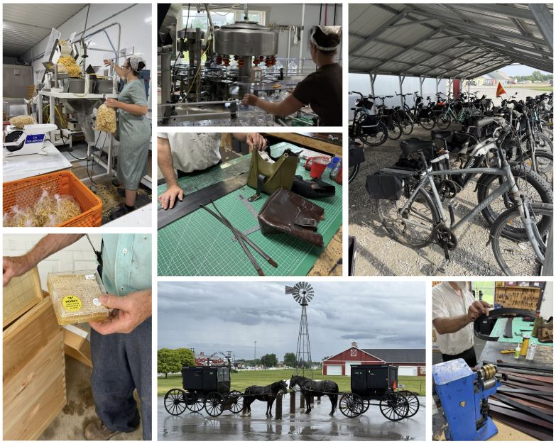 Ultimate Things to Do in Shipshewana Guide 3 Seven-photo collage from the Shipshewana area showing Amish Country businesses and transportation. Images include Amish noodle production, a milk bottling line, bicycles parked under a covered shelter, a leather craftsman cutting and assembling purses and belts, a bee keeper holding a honey comb and two horse-drawn buggies parked near a red barn and windmill.
