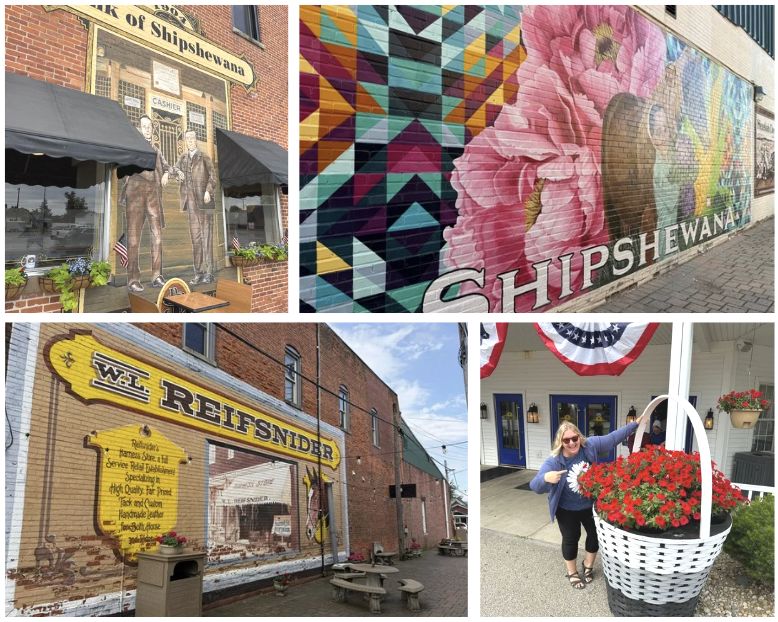 Ultimate Things to Do in Shipshewana Guide 7 Four-photo collage of downtown Shipshewana featuring colorful murals on brick buildings, including a large Shipshewana mural, a historic W.L. Reifsnider painted advertisement, and Angie posing beside a giant basket of red flowers outside a downtown building.