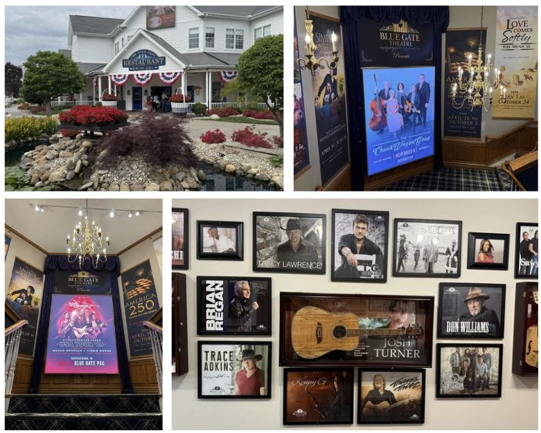 Ultimate Things to Do in Shipshewana Guide 8 Four-photo collage of the Blue Gate entertainment venues in Shipshewana. Images show the entrance to the Blue Gate Restaurant and Theatre, theater lobby displays advertising upcoming productions, a digital marquee for live performances, and a wall featuring signed memorabilia and photos of well-known recording artists.