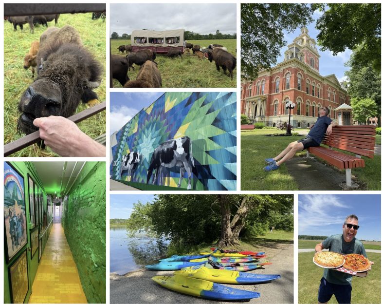 Ultimate Things to Do in Shipshewana Guide 9 Seven-photo collage of day trips near Shipshewana featuring a bison eating from a visitor's hand, a covered wagon surrounded by bison, the LaGrange County Courthouse, a colorful mural, a hallway inside the No Place Like Oz Museum, kayaks along the Pigeon River, and Jeff holding two pizzas outdoors.