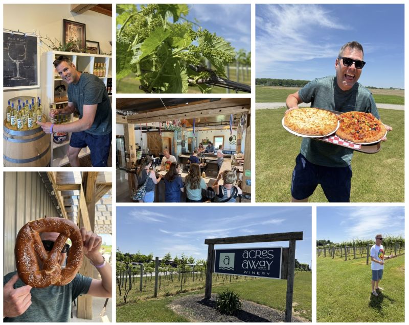 A seven photo collage of a vineyard with a sign that reads Acres Away Winery, owner Shane standing in front of the vines, a group at the wine tasting bar, and us enjoying wine, a bigger-than-your-head pretzel, and pizza.