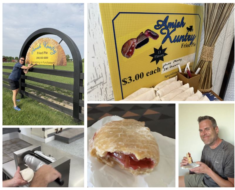 A five photo collage of the Amish Kuntry Fried Pies sign, display, a production demo, and Jeff trying one.