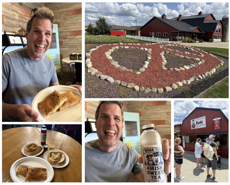 A five photo collage of the giant landscaping pretzel outside Ben’s Pretzels, Jeff enjoying a plate of pretzel pockets and an Amish sweet tea, and the Ben’s booth at the Flea Market.