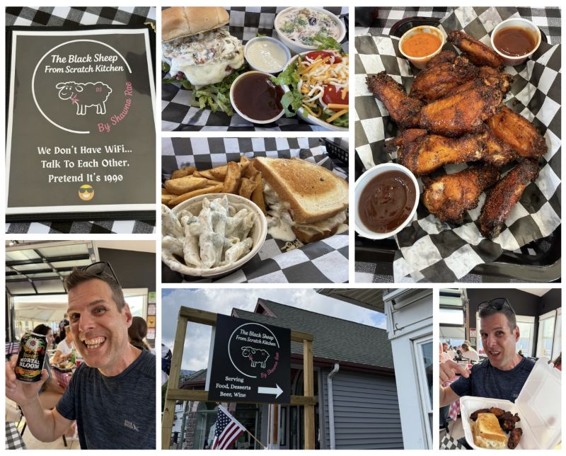 A seven photo collage showing all the food described in the article from Black Sheep, a menu that has a cute sheep logo and the phrase, ‘We don’t have WiFi…talk to each other.  Pretend it’s 1990,’ Jeff holding a can of craft beer, and Jeff holding a box full of leftovers.