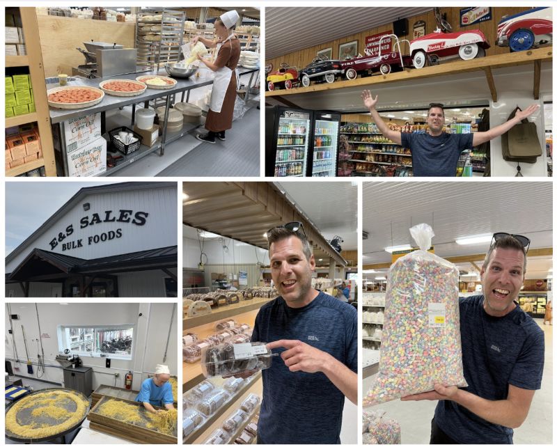 A six photo collage of E & S Bulk Foods showing the exterior, take and bake pizza prep, Amish noodle prep, Jeff holding day old whoopie pies marked 50% off, and Jeff holding a giant bag of nothing but small colorful marshmallows similar to Lucky Charms.