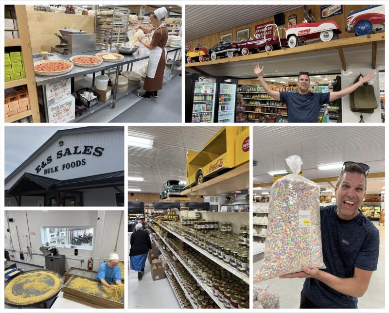 A six photo collage of E & S Bulk Foods showing the exterior, take and bake pizza prep, Amish noodle prep, aisles of food, and Jeff holding a giant bag of nothing but small colorful marshmallows similar to Lucky Charms.