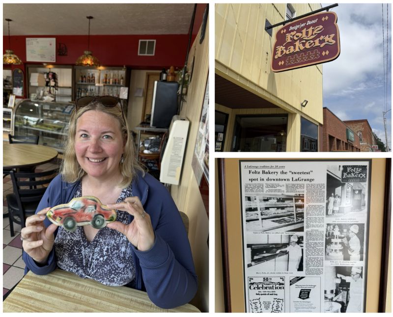 A three photo collage of Angie holding a sugar cookie decorated like a race car; the exterior sign for Foltz Bakery, and a framed article in the bakery taking about the long history of the business.