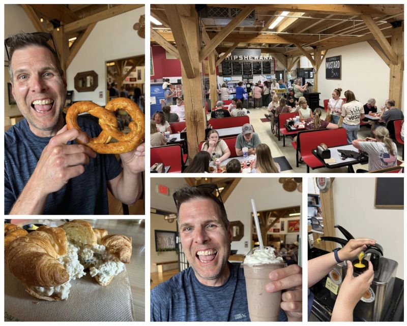 A five photo collage of the interior of JoJo’s pretzels with red booths, Jeff holding a pretzel and strawberry chocolate shake, a chicken salad sandwich, and Angie filling a dipping cup with mustard.