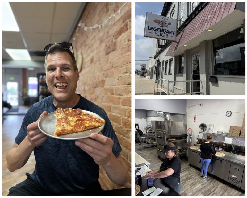 A three photo collage of the exterior of Legendary Slices, Jeff holding a massive slice of pizza, and the pizzas being prepared in the restaurant.