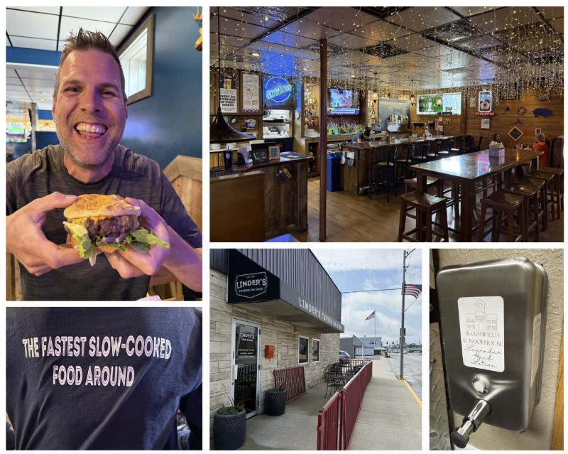 A five photo collage showing the interior and exterior of Linder’s, Jeff holding a massive burger, the back of our server’s shirt reading, ‘the fastest slow-cooked food around’, and a Bloomfield Lavender soap dispenser in the women’s room.