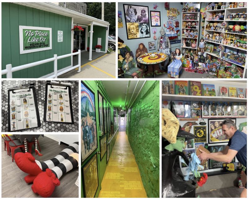 A six photo collage showing the exterior of the No Place Like Oz Museum and several scenes inside including a replica of owner, Katie’s childhood bedroom, a fun scavenger hunt activity for your visit, a yellow brick road, and Jeff throwing water on the Wicked Witch of the West but the water is blue tissue paper in a bucket.