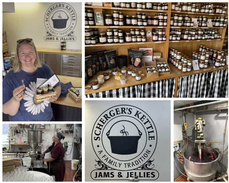 A five photo collage showing Angie sampling jam, a wall of jars of jams, an Amish woman preparing jams, the Scherger’s logo on a wall in the store, and a giant metal kettle cooking fruit to become a jam.