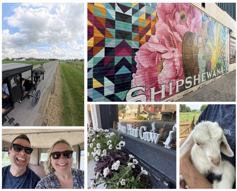 A five photo collage of an Amish buggy on a rural street, a colorful quilt inspired Shipshewana mural, Angie and Jeff on an Amish buggy ride, a quiet window scene in downtown Shipshewana, and a baby goat in Jeff’s arms.