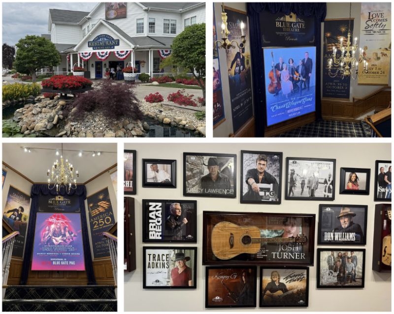 Four-photo collage of the Blue Gate entertainment venues in Shipshewana. Images show the entrance to the Blue Gate Restaurant and Theatre, theater lobby displays advertising upcoming productions, a digital marquee for live performances, and a wall featuring signed memorabilia and photos of well-known recording artists.