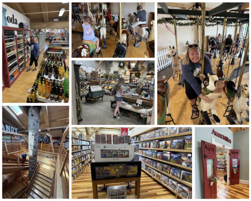 Eight-photo collage of Davis Mercantile in downtown Shipshewana. Images show specialty food shelves, the hand-carved carousel with children and Angie riding, gift shops, the four-story tree inside the building, a large puzzle store, and themed storefronts throughout the mercantile.