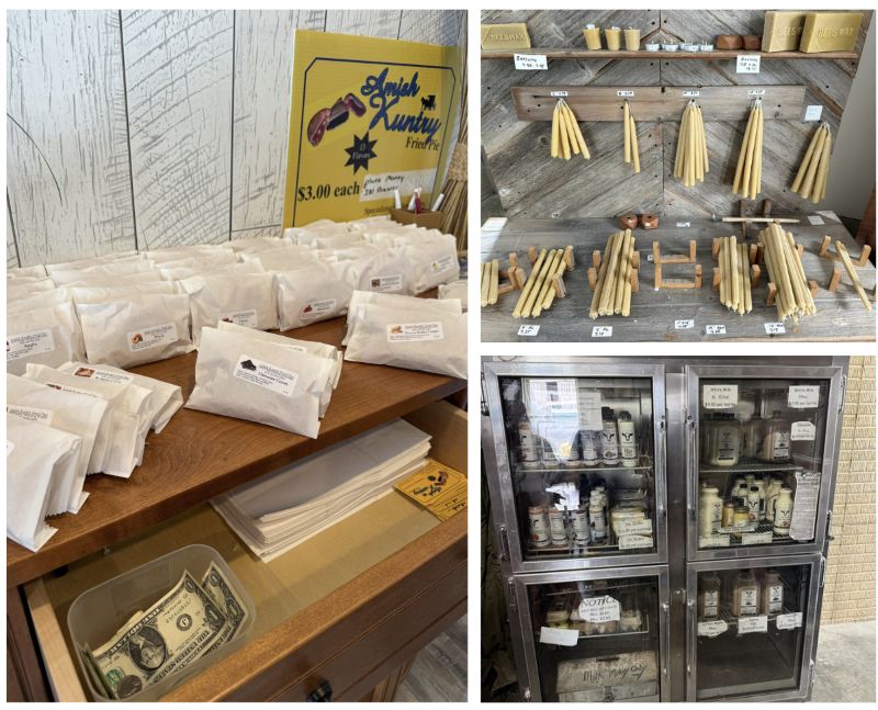 A collection of three photos showing three different on your honor shops featuring Amish fried pies, bees wax products, and dairy products.