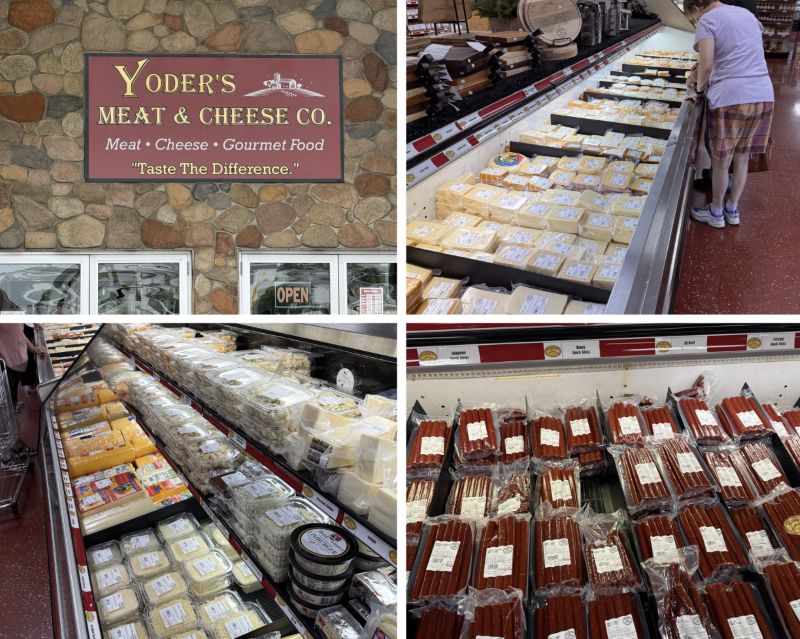 A four photo collage with one showing a sign on the exterior of a building that reads “Yoder’s Meats and Cheese Co” with the slogan, “taste the difference.” The other three photos show the interior of the store featuring cases filled with cheese and meat products.