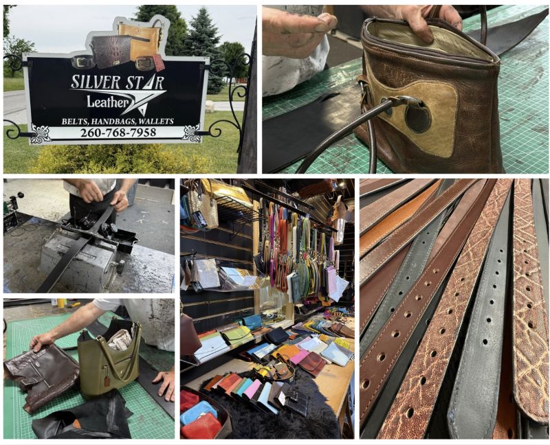 A six photo collage including the exterior sign at Silver Star Leather, a good condition purse that was Loren’s first ever produced, Loren’s hands working on a belt and new purse, and an array of leather products in the store and belts available for sale.