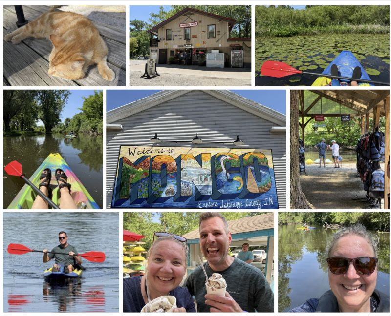 A nine photo collage including the resident cat, Nettles, the exterior of the outfitters, several kayaking scenes, a large colorful mural that reads Mongo, and us enjoying ice cream.