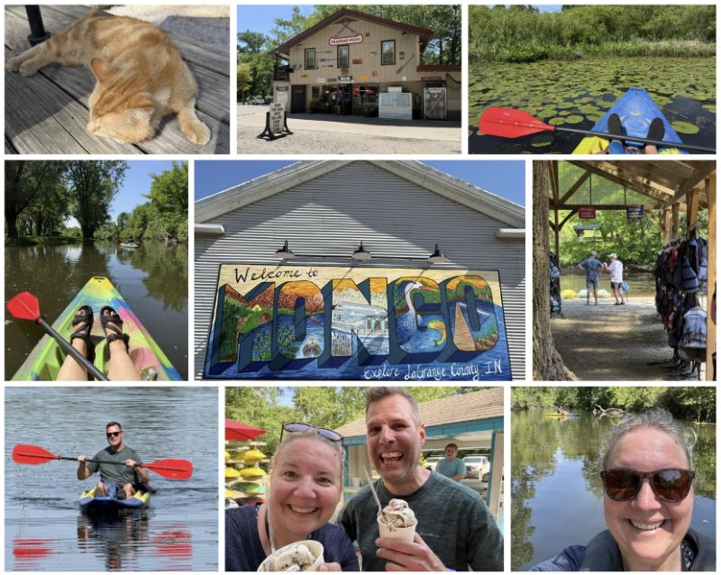 A collage of nine photos in and around a river kayak float including a colorful mural that reads Mongo for the city name, a sleeping cat who is the mascot at the Trading Post, and us getting ice cream after our float.