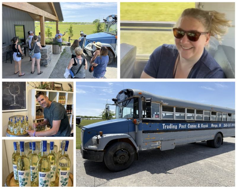 A photo collage of five photos showing an old school bus painted for Trading Post Outfitters, Angie in the bus with her hair blowing in the wind, a tour group standing outside the winery and the bus, and Jeff pointing at the River Wine display with a glass in his hand.