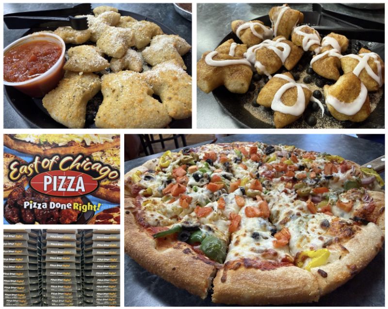 A collage of five photos showing pizza, an East of Chicago Pizza sign, a stack of pizza boxes, and bowtie shaped parmesan bread bites and cinnamon and icing variety.