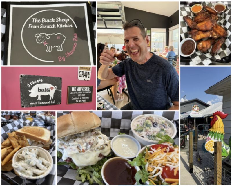 A collage of seven photos showing The Black Sheep from Scratch Kitchen menu cover, outdoor patio, and pink walls as well as the smoked wings and Jeff smiling with one in his hand, and two pictures of plates with sandwiches and sides including homemade chips, pasta salad, side salad, and broccoli salad.