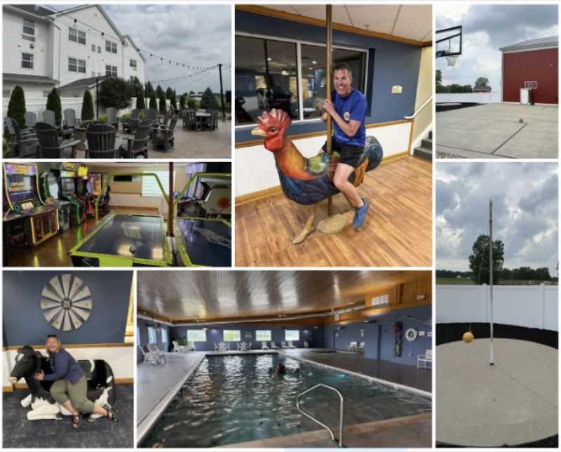 A collage of seven images around Blue Gate Garden Inn including their indoor pool, outdoor patio, basketball court, tetherball court, arcade, and Jeff sitting on a carousel style rooster and Angie on a cow bench in the hotel.