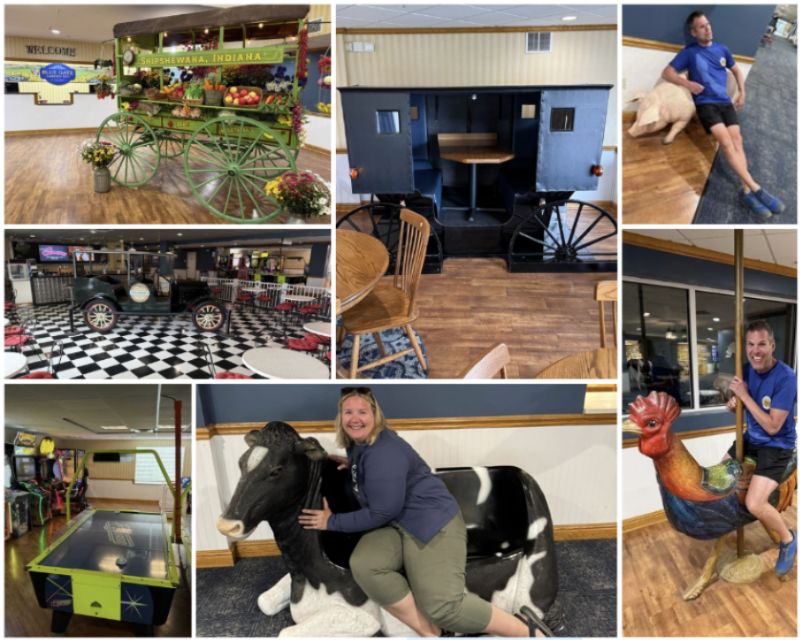 A seven photo collage of scenes around the interior of the Blue Gate Garden Inn including a colorful wagon filled with faux fruit and flowers in the lobby, a booth built inside an Amish buggy, Jeff on a pig bench and rooster carousel animal, Angie on a cow bench, and an arcade.