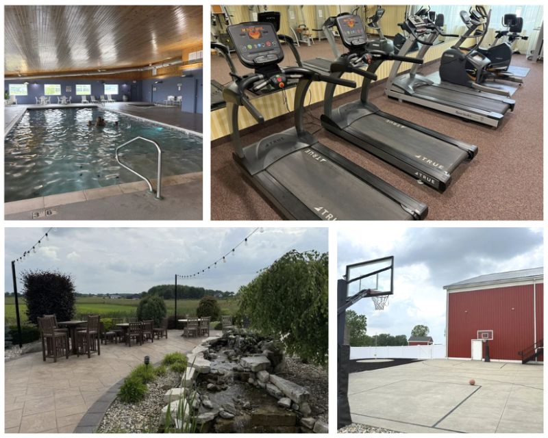 A four picture collage of an indoor pool, gym, an outdoor patio, and an outdoor basketball court.