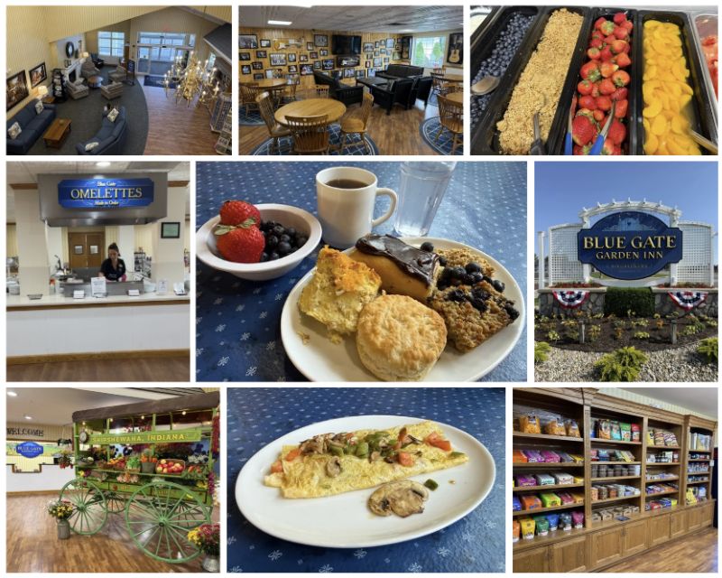 A nine photo collage of the Blue Gate Garden Inn sign, lobby, and the breakfast room including the made to order omelette station and a few pictures of plates full of breakfast items.