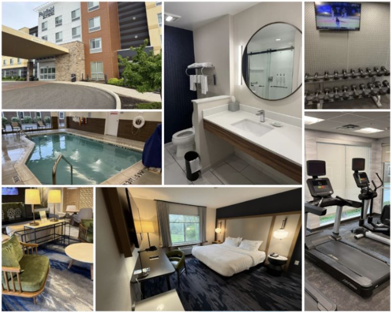 A seven photo collage showing the exterior of a Fairfield Inn and the interior of a clean, modern hotel including an indoor pool and gym facilities.